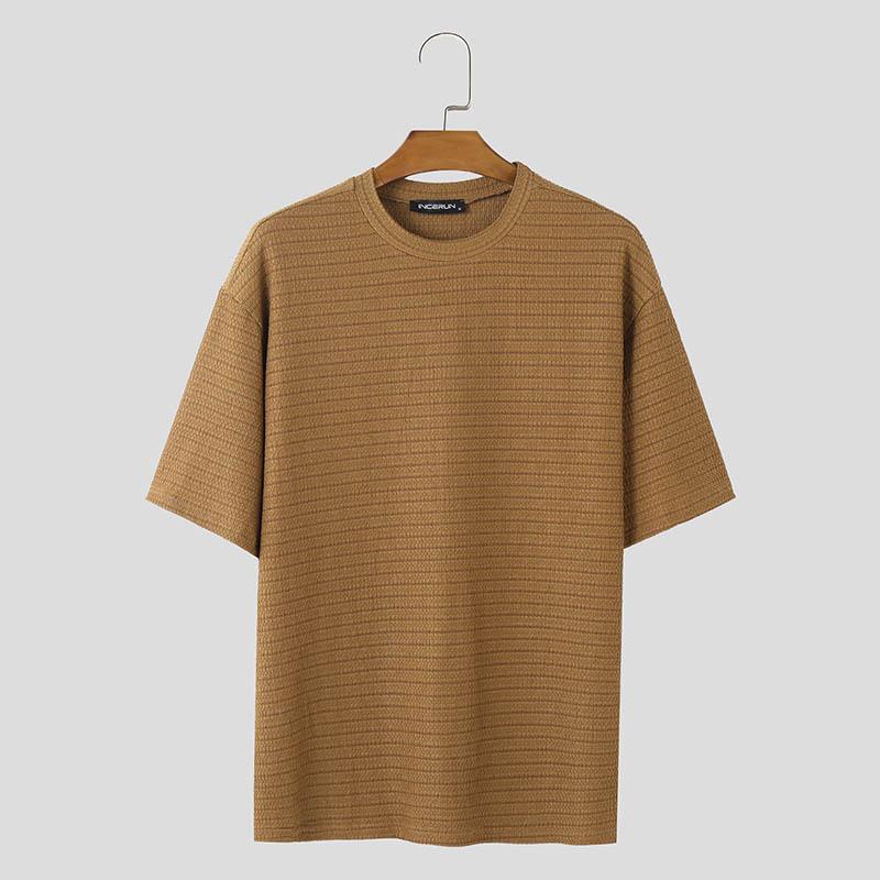 

INCERUN Мужские топы с короткими рукавами и круглым вырезом, однотонные текстурированные футболки M коричневый