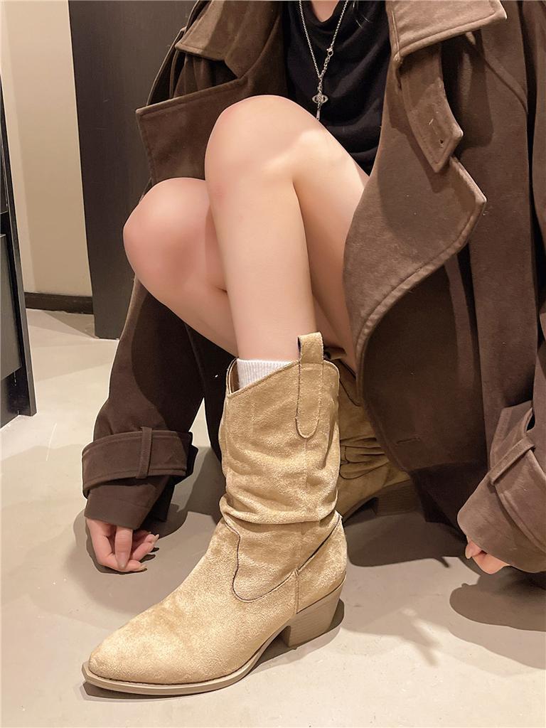 Vintage pointed suede pleated piled boots women's 2025 new thick heel thin medium tube boots Merard knight boots autumn