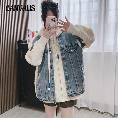 Kurtka damska na jesień i zimę Lazy Cowboy Patchwork Dzianinowy kardigan Luźny swobodny sweter z kapturem Płaszcz Top