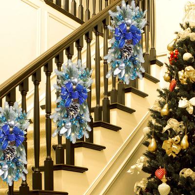 Christmas Swag with Lights Hanging Christmas Teardrop Swag Christmas Stair Garland Xmas Decor for Stair Front Door Decoration