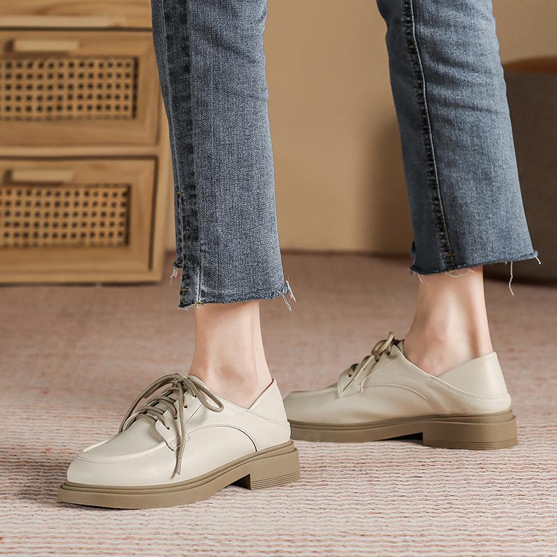 Leather flat for Huizhou women's shoes Su Yinyin same small leather shoes lace up black retro round head loafers