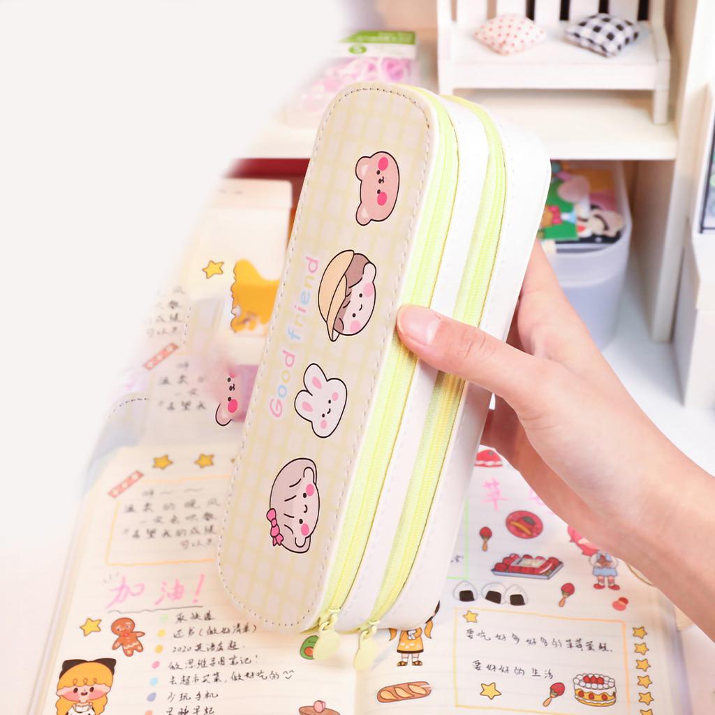 Double Layer Pencil Pouch Large Capacity Simple Style Waterproof Dustproof Canvas Pen Holder Bag for Girl Students