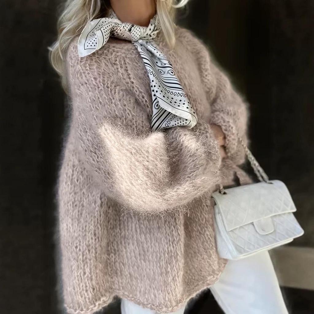 Suéter de Punto de Mohair Sintético Otoño/Invierno: Suelto, Moderno, Cuello Redondo Mangas de Linterna, Suéter Suave