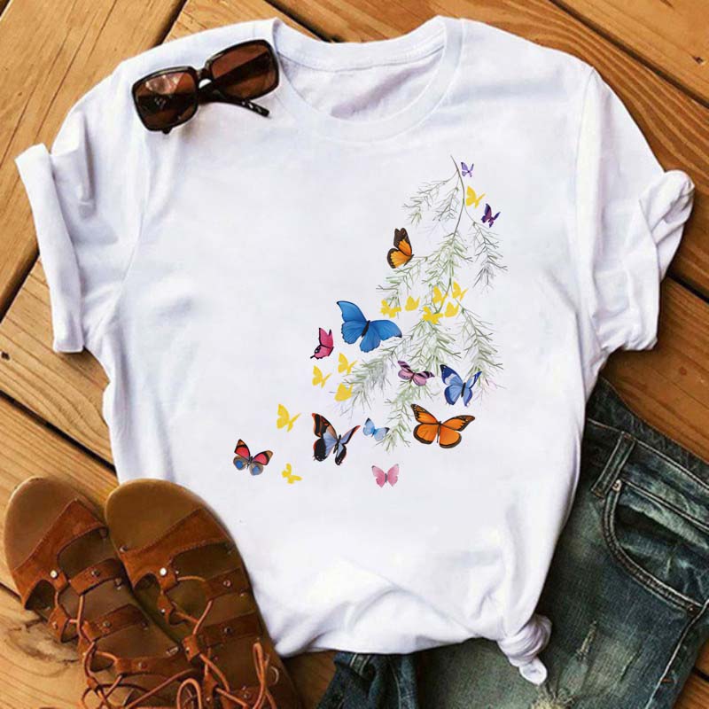 Women Flower Butterfly Fashion Print T Shirt Casual Short Sleeve Ladies T Tee Female Top Shirt Clothes Womens Graphic T-shirt