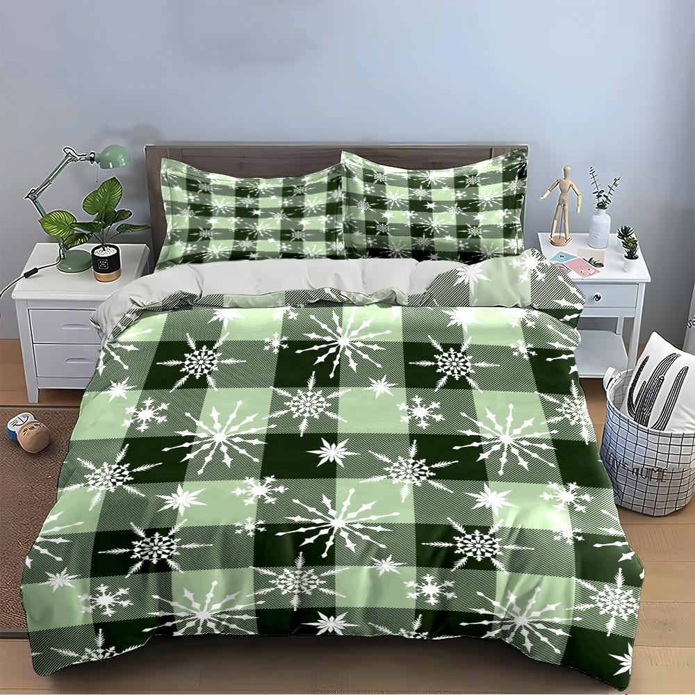 Green Plaid Snowflake Pattern Bedding Set Bedding set (1 duvet cover, 2 pillowcases, duvet not included)