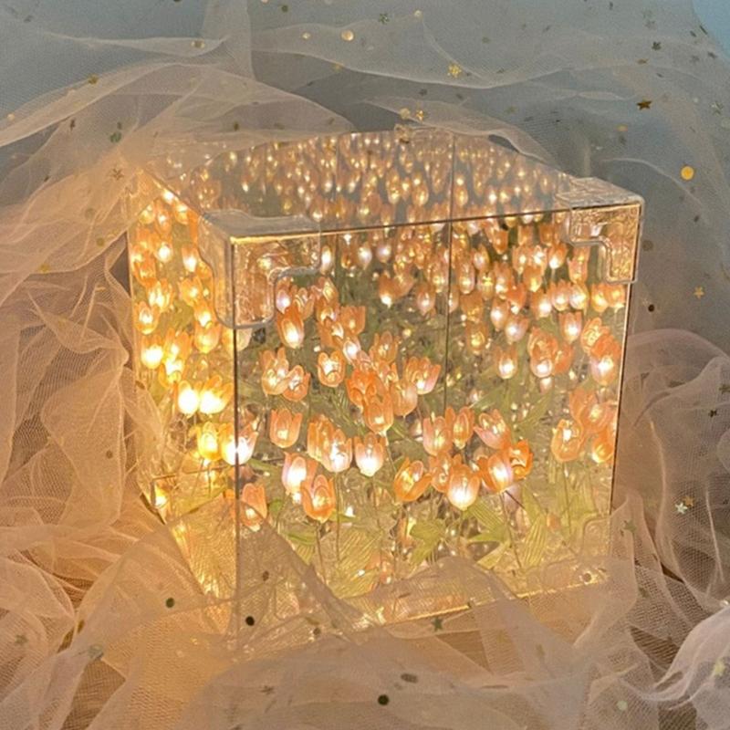 Handcrafts Tulips Night Light Set Home Decoration DIY Kits Handmade Flower Cube Lamp Desktop Ornament Table Night Lamp