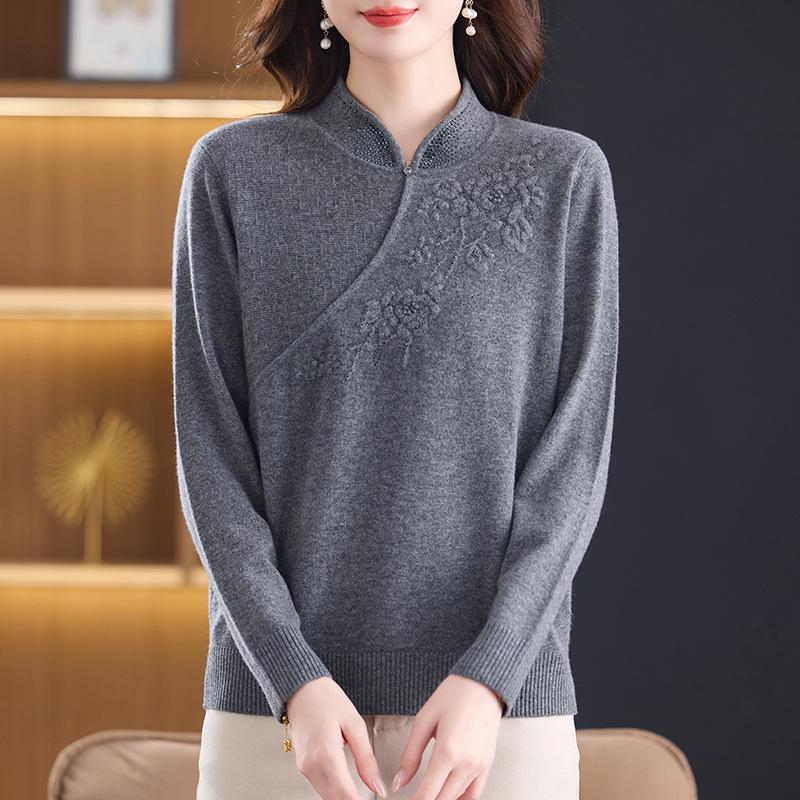 100% Pure Wool Embroidered Qipao Collar Sweater - Red, Age-Defying Knit Base Layer for Women
