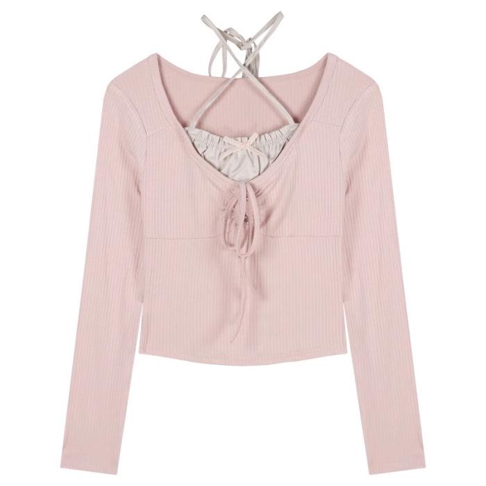 

Милая горячая девчонка розовая узкая двухкомпонентная футболка с длинными рукавами и бретельками через шею - шикарный весенний солнцезащитный топ Extra Large