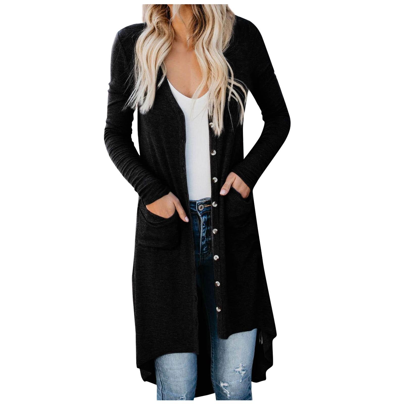 

(SU)Женская мода с длинным рукавом повседневное длинное пальто-кардиган женское пальто