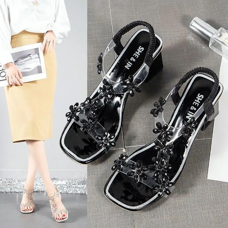 Fashion Open Toe Roman Style Ladies Shoes Summer 2024 Block Heel with Medium Heels Rhinestones Footwear High Sandals for Women Sandal F