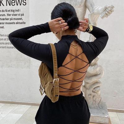Womon Cotton Hollow Out Sexy Tshirt Bandage Backless Long Sleeve Tops Harajuku Slim Bodycon Streetwear Knitted Tees