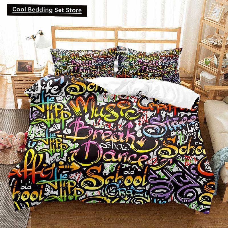 Hippie Graffiti Duvet Cover Set King Queen Size for Kids Boys Youth Polyester Comforter Cover Modern Street Art Bedspread Cover