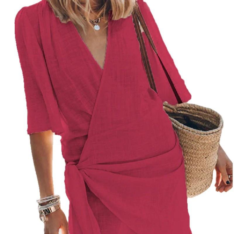 Neues Frühling Sommer Damen Mittellanges Baumwoll-Leinenkleid, Kreuz-V-Ausschnitt Unifarben Kurzarm Europäisches Amerikanisches Lässiges Outfit
