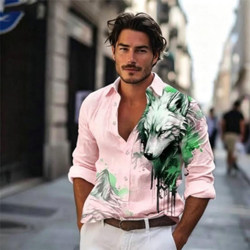 Men Button‑up Long Sleeve Shirt Wild Wolf‑head Splash‑art Motif Turn‑down Collar Leisure Street Theme‑party Gathering Outfit