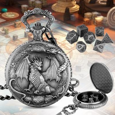 Metal Dice Set with Dragon Pocket Watch Case 7 Dices Portable Vintage Multi-side Game Dice Family Night Party Board Game Essentials