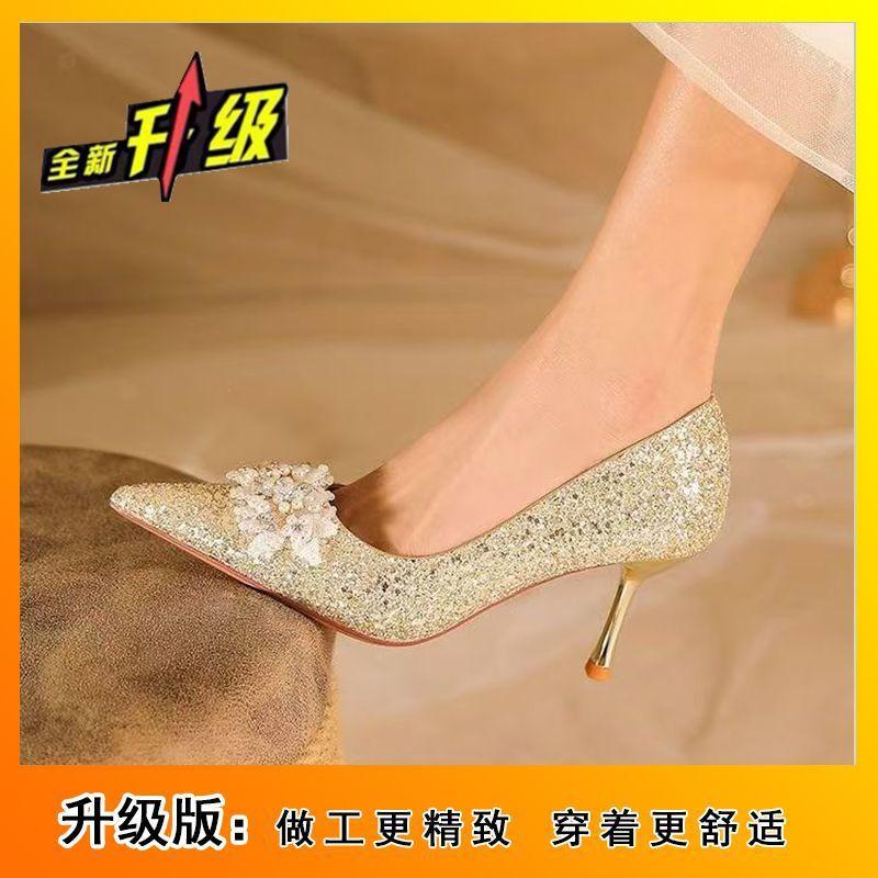 Beautiful high-end golden crystal high-heeled shoes women's 2025 new Hexiu wedding dress two wear