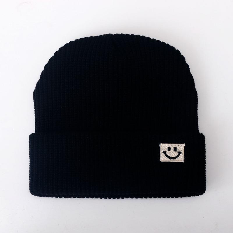 Cute Smiley Face Label Wool Hat Women's Autumn and Winter Warm Trend Versatile Ear Protector Black Knitted Hat Men