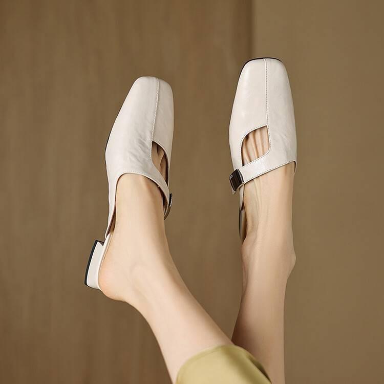 Slippers Women's Xiaoxiangfeng New Soft Leather Bag Head Half Slippers Women's Summer Wear Medium Heel Versatile Square Head High Heels Sandals
