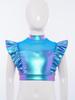 Kids Dance Shirt Metallic Mock Neck Mesh Patchwork Rhinestone Ruffle Crop Top with Press Buttons