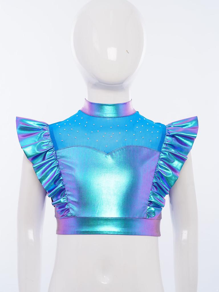 Kids Dance Shirt Metallic Mock Neck Mesh Patchwork Rhinestone Ruffle Crop Top with Press Buttons