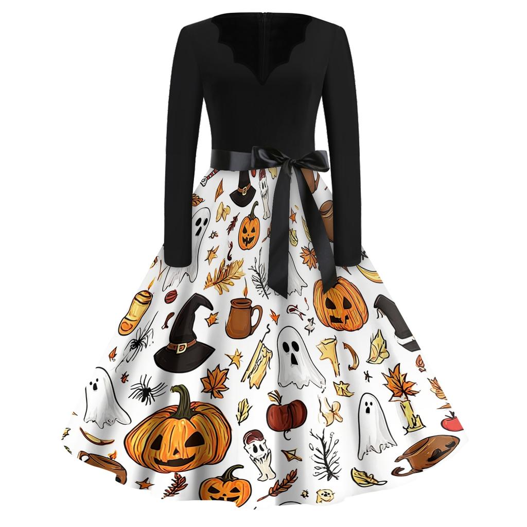 Women's Casual Vintage V Neck Dress Halloween Printed Long Sleeve Retro Style Pumpkin Bat Pattern Full Skirt Dress with Waist Tie