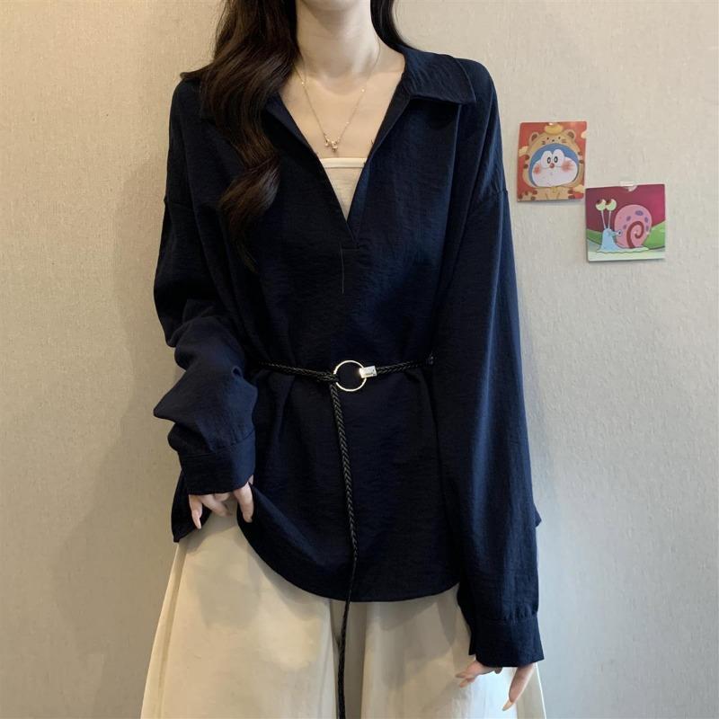 Korean Style Right Shoulder Long Sleeve Shirt for Women Spring and Autumn New Style Commuting All-match Waist Top
