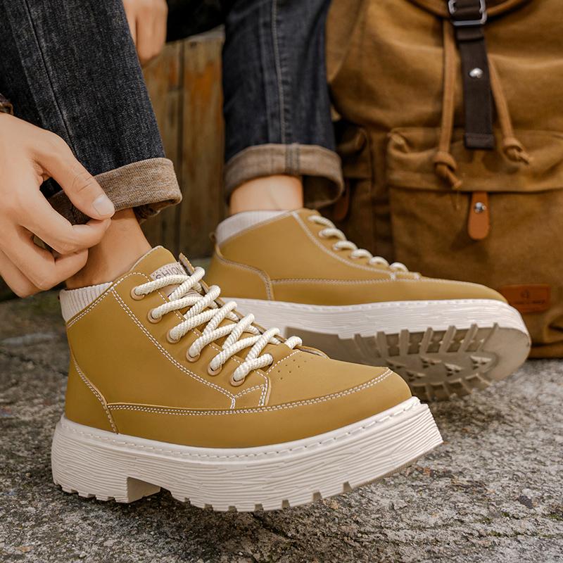 Thick Soled Ankle Boots Men's Thick Heeled Short Boots Cheap Lace Up Motorcycle Flat Shoes Midsole Waterproof Platform Boots