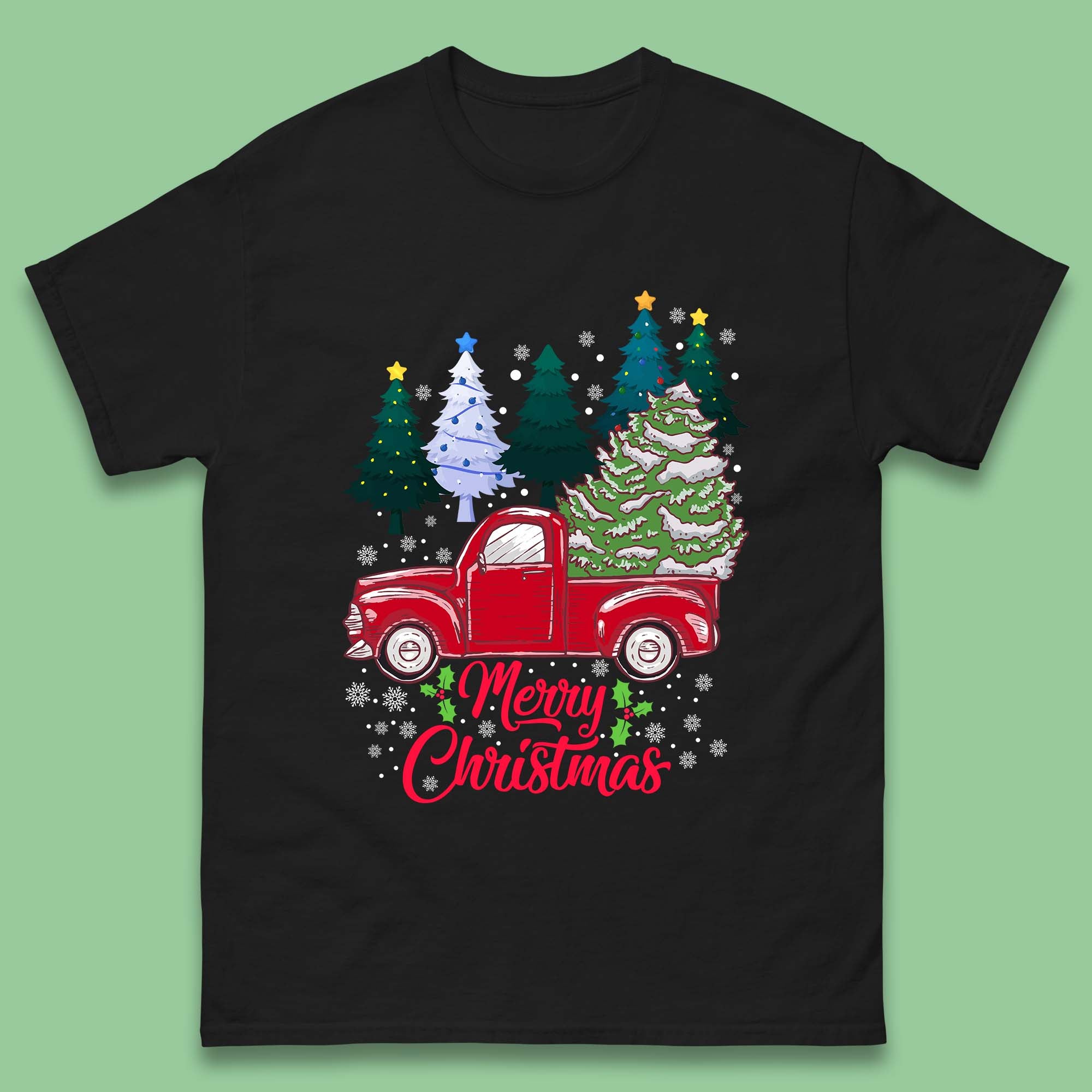 Merry Christmas Red Retro Truck Mens T Shirt Womens Tops Tees Christmas Tree Top 4XL
