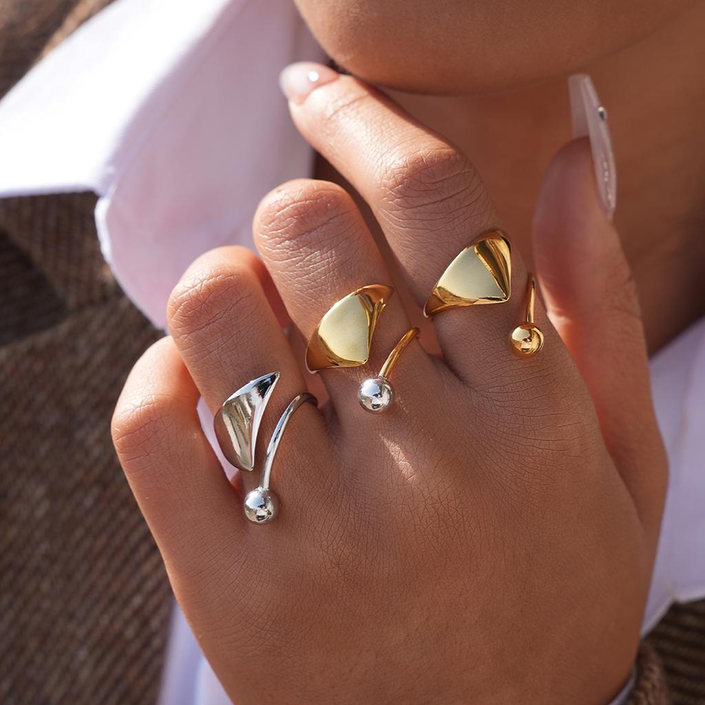 Minimalist Designer 18K Gold Color Plated Geometric Pattern Asymmetric Rings Waterproof Stainless Steel Zircon For Women