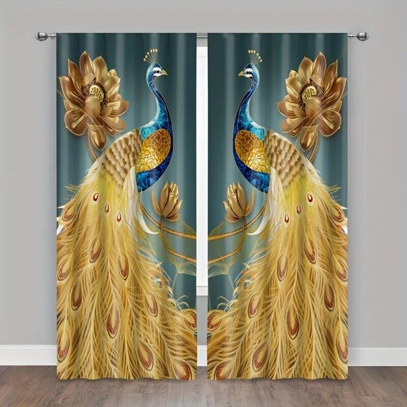 2pcs Elegant Peacock Pattern Curtains Polyester Rod Pocket For Living Room Bedroom Kitchen Study Stunning Background Decor