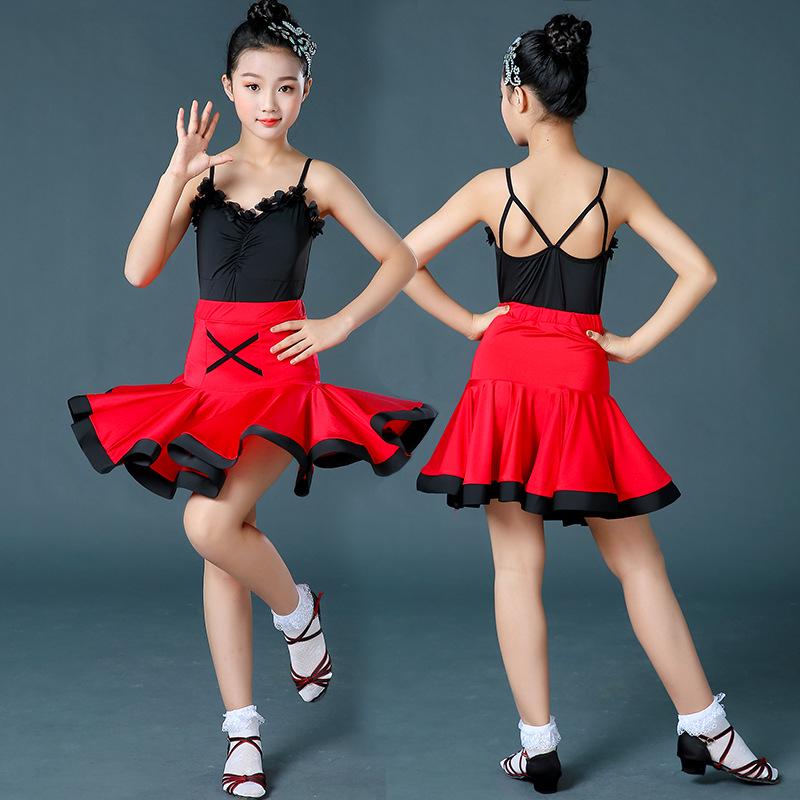 Children's Summer Latin Dance Costume - Girls' Short Sleeve Spaghetti Strap Skirt Set