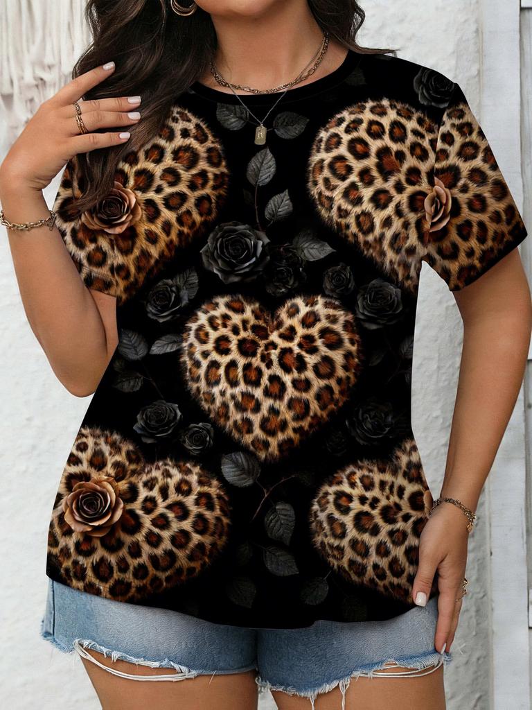 Leopard Print Heart Black Rose Print Short Sleeve T-Shirt. Sweet Cool Style Loose Round Neck Top. Women'S Special Promotion Clothing. Women'S Clothing