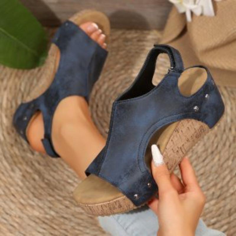 

Foreign trade summer open-toed splicing platform sandals women s retro style Velcro slope heel beach sandals 36 темно-синий