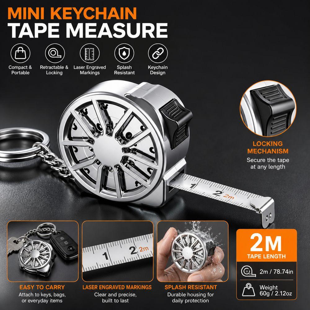 2M Keychain Tape Measure Laser Engraved Markings Stainless Steel Tape Hardware Accessories