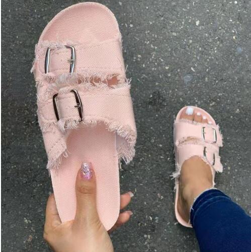Summer Unique New Casual Denim Solid Color Canvas Buckle with Two Words with Flat Slippers P724