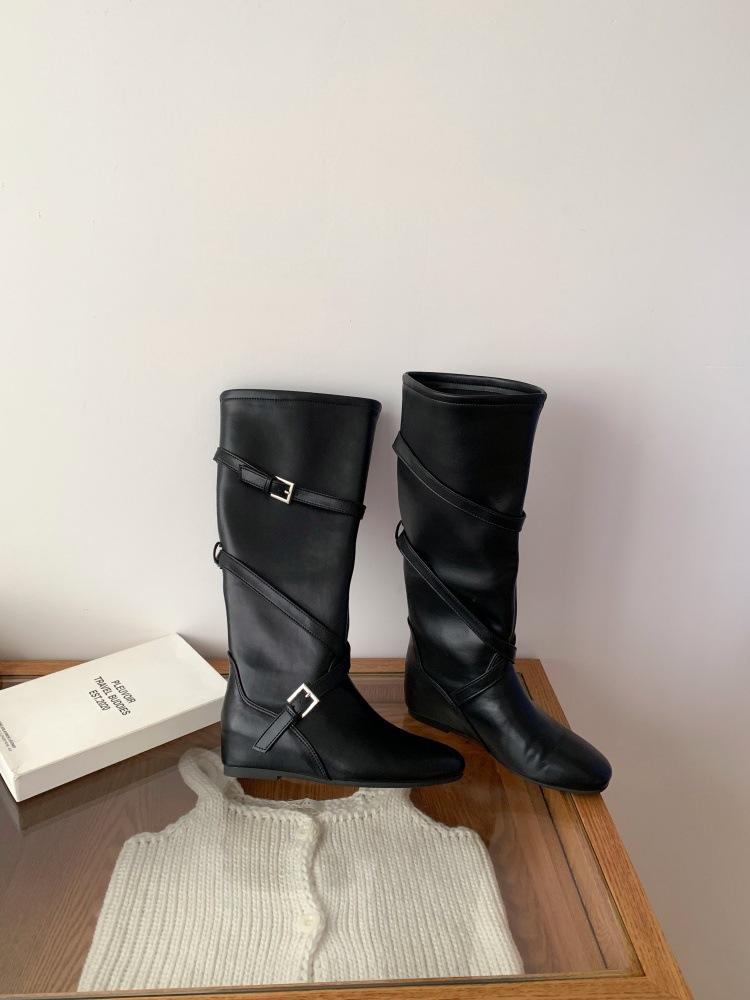 Inner heightening boots women's 25 new autumn retro versatile stacking boots belt buckle slim tall knight boots