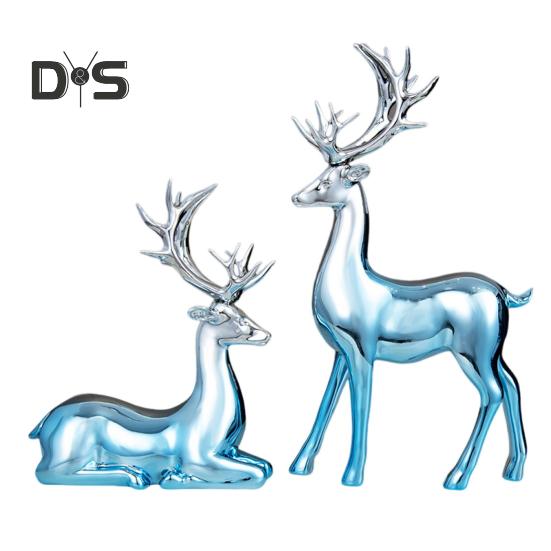 2Pcs Couple Reindeer Figurine Standing Lying Deer Statue Resin Elk Sculpture Christmas Home Office Bookshelf Desktop Decoration Ornament