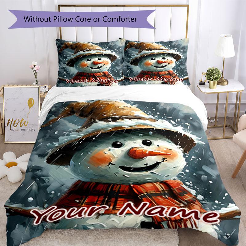 3PC Custom Name Snowman Winter Magic Bedding Set Duvet Cover Closure Includes 1 Duvet Cover & 2 Pillowcases for Bedroom