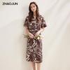 Zhaojun Women's Mulberry Silk Zebra Print Tie-Waist Short-Sleeve Dress