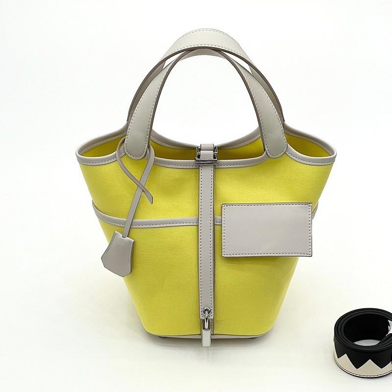 Chic Versatile Bucket Tote Bag Canvas Swift Leather Blend Single Shoulder Handbag Women