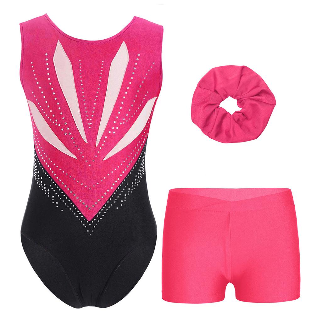 Mädchen Gymnastik Tanz Set Ärmellos Cut-out Rücken Glitzernde Strasssteine Trikot V-Bund Shorts Haargummi