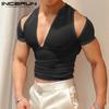 INCERUN Men V Neck Mesh Stretch Off Shoulder Sheer Tops Sexy Transparent T-shirts