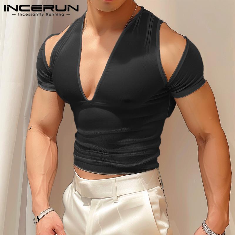 INCERUN Men V Neck Mesh Stretch Off Shoulder Sheer Tops Sexy Transparent T-shirts