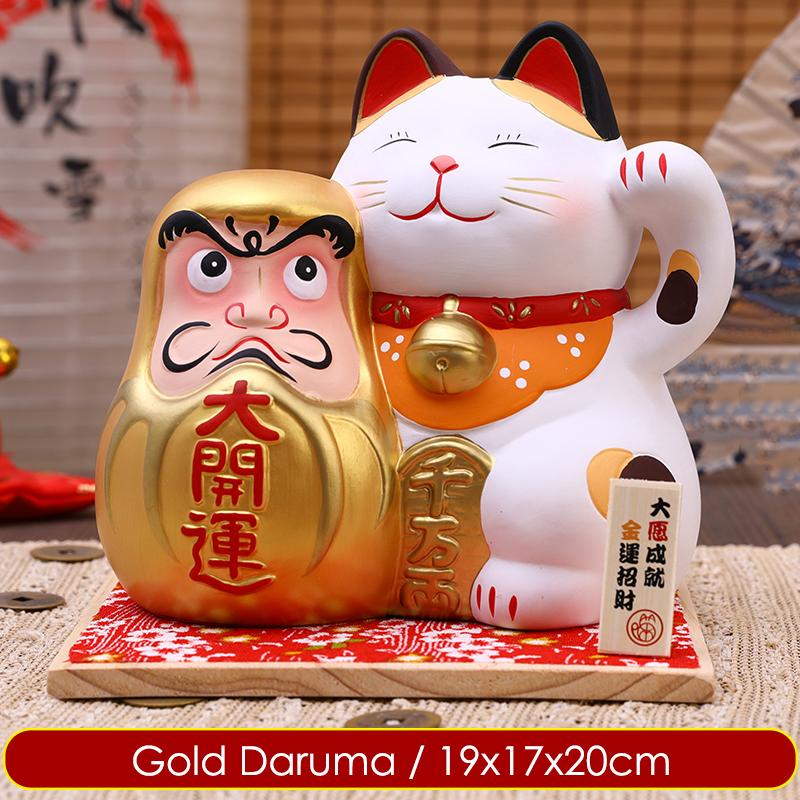 7.8 Inch Hand-painting Maneki Neko Ceramic Golden Daruma Lucky Cat Collective Fortune Cat Ornament With Wooden Board