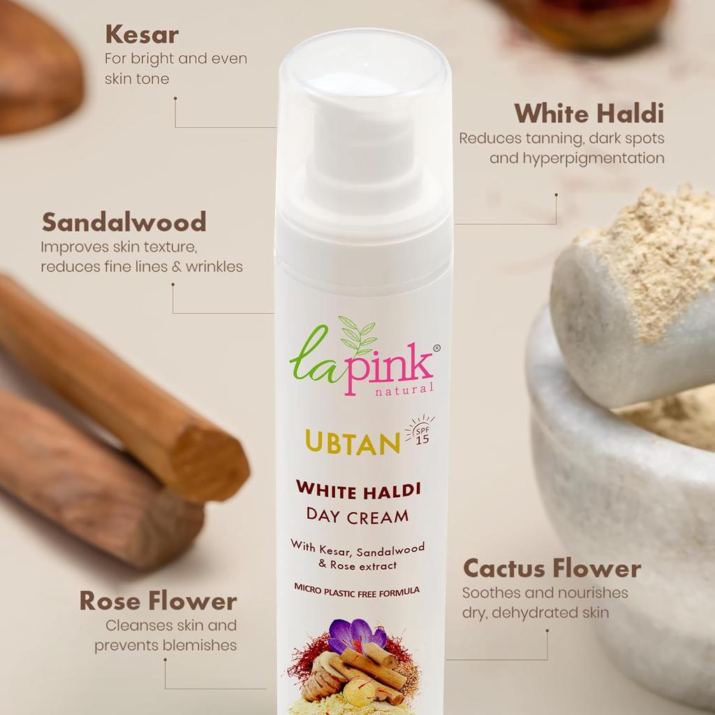 La Pink Ubtan White Haldi Day Cream | 100% Microplastic Free Formula | Removes Tan | Kesar, Sandalwood and Rose | All Skin Types | 50g