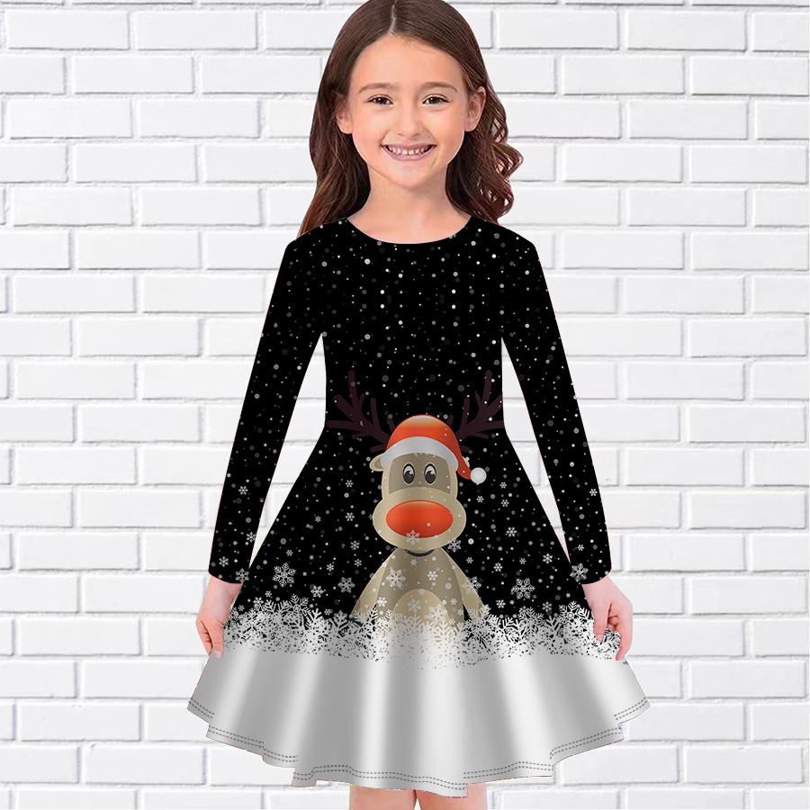 Girl Casual Christmas Reindeer Print Round Neck Long Sleeve Dress Kid Princess Dress