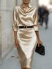 Vestido Midi de Satén Elegante para Mujer con Cuello de Pico y Manga Larga, Estrecho, de Cintura Media, Estilo Lápiz