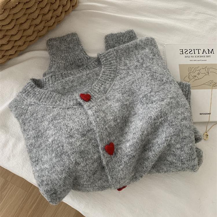 Japanese Wool Knit Cardigan - Retro 2024 Autumn/Winter, Soft, Warm, with Heart Buttons.