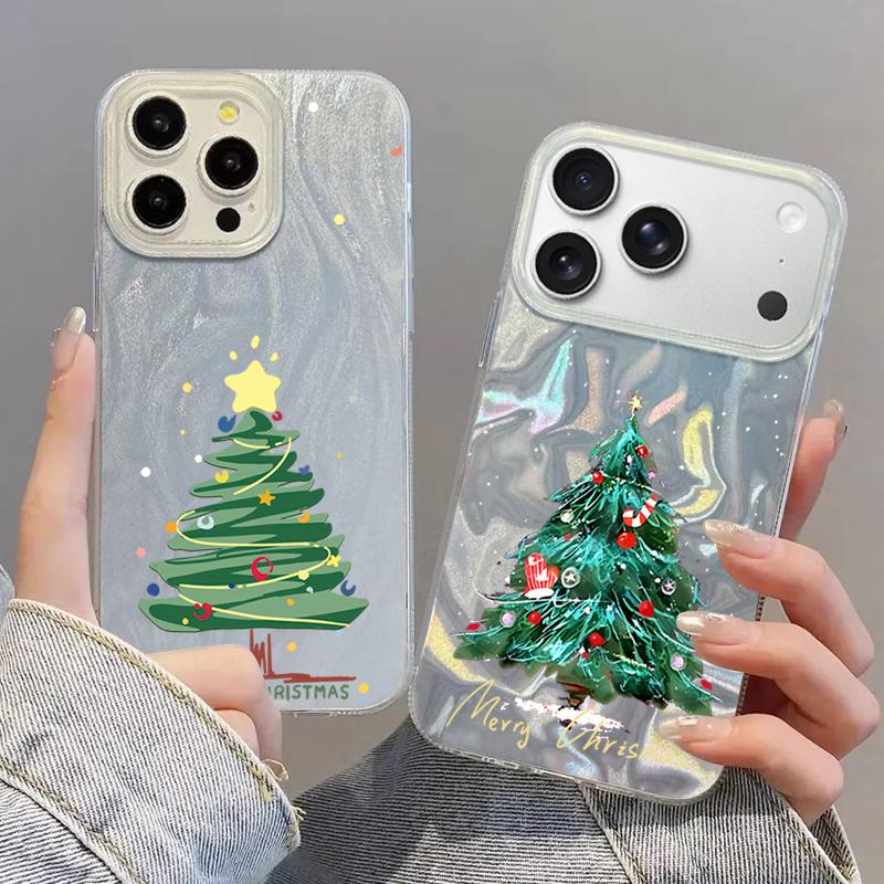 Cartoon Christmas Tree Pattern Phone Case For iPhone 17 Air 16e 16 15 14 Pro Max 13 17 Pro Max Shockproof TPU Hybrid Hard PC Phone Cover