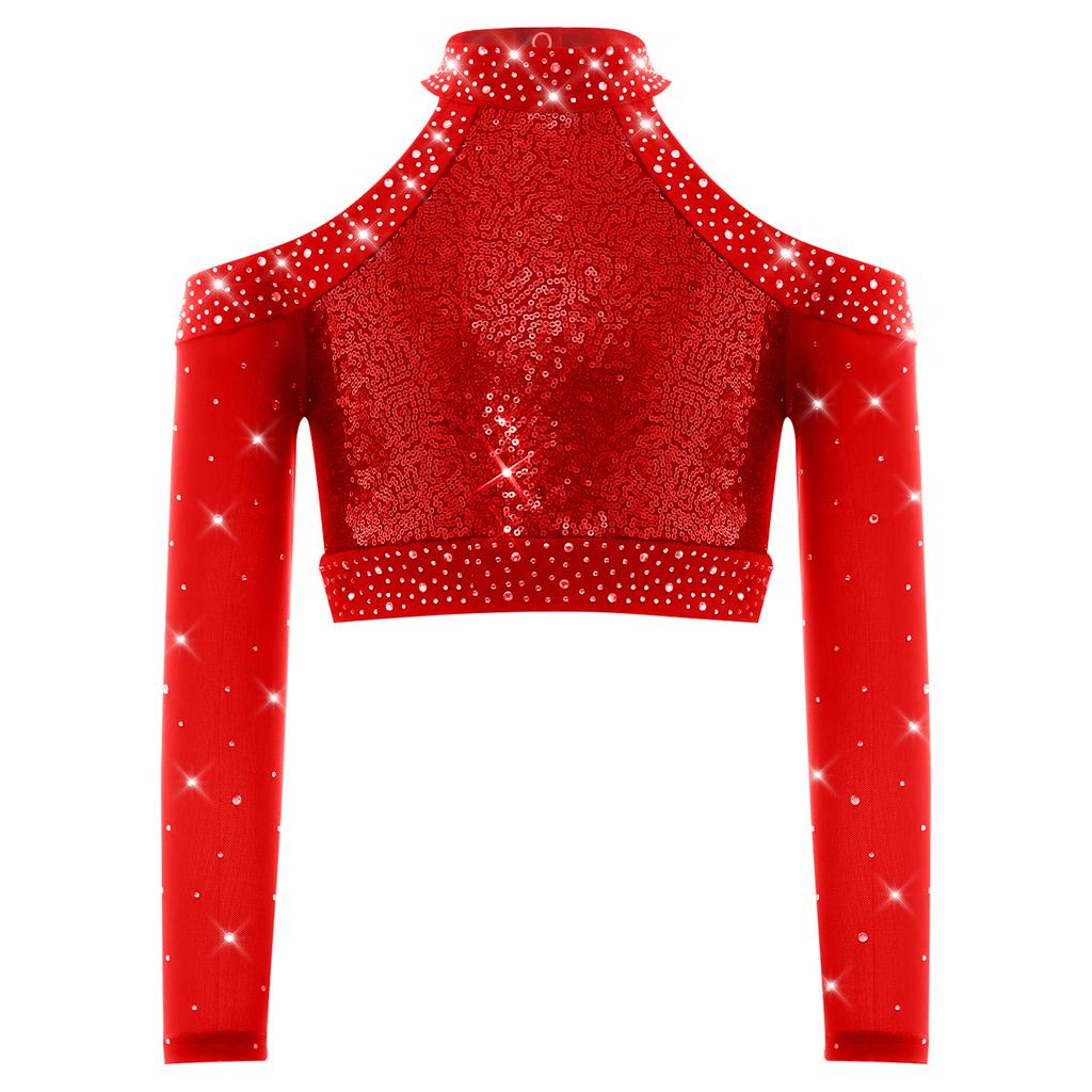 Girls Shiny Sequins Crop Top Long Sleeve Back Neck Press Buttons Closure Dance Shirt